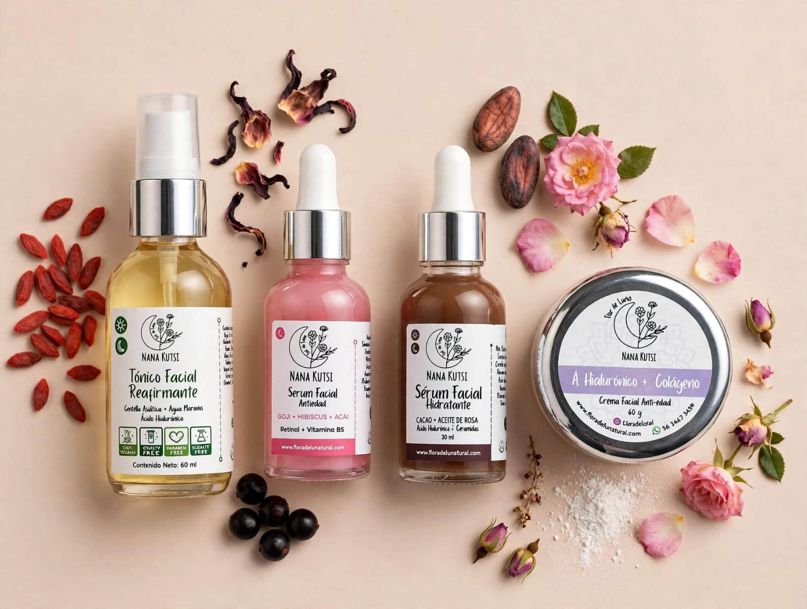 kit facial Reafirmante. Tónico facial, serum de dia, serum de noche, crema hidratante