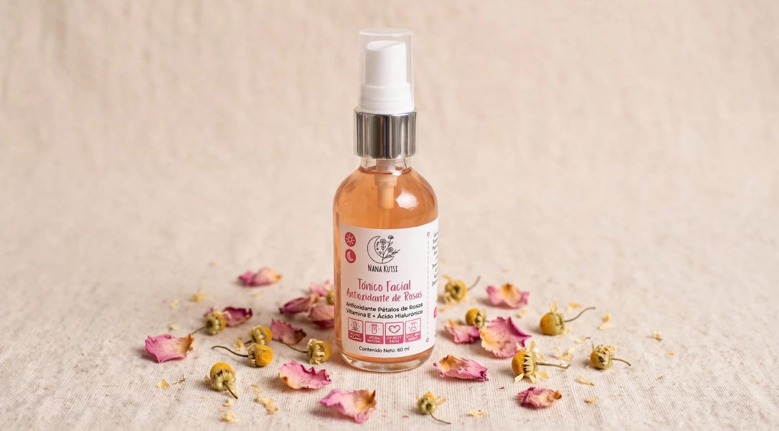 Tónico Facial Piel sensible  de rosas, manzanilla y ácido. hialuronato. 60 ml