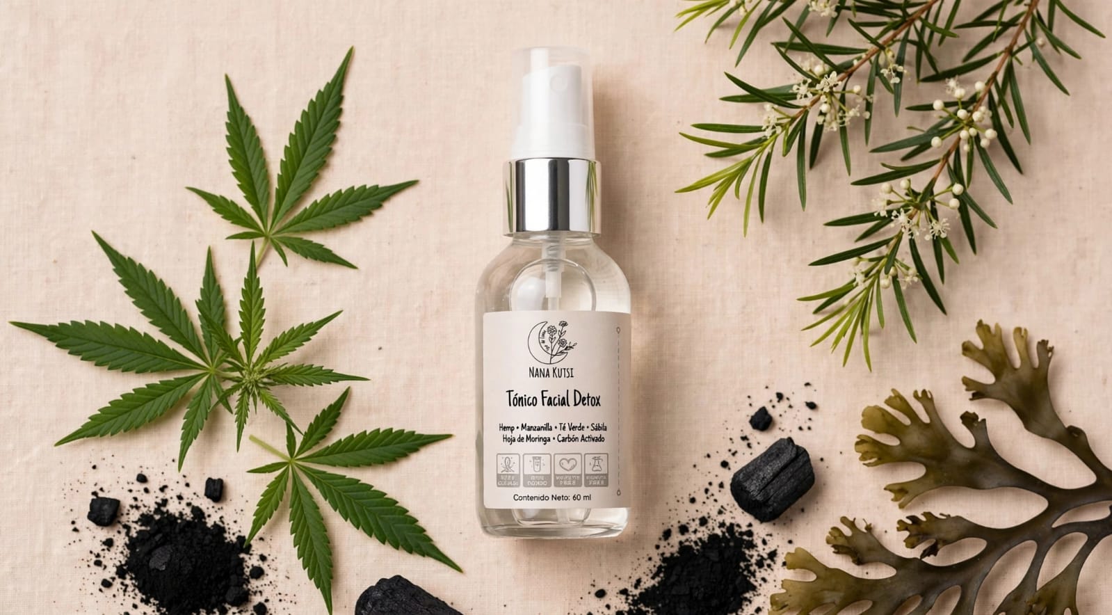Tónico Facial Détox de árbol de té, carbón activado, enebro y ácido salicílico. 60ml.