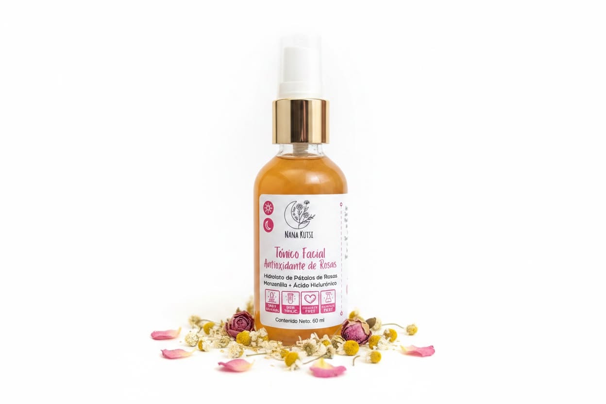 Tónico Facial Antioxidante, rosas, manzanilla, A. hialuronico. 60 ml